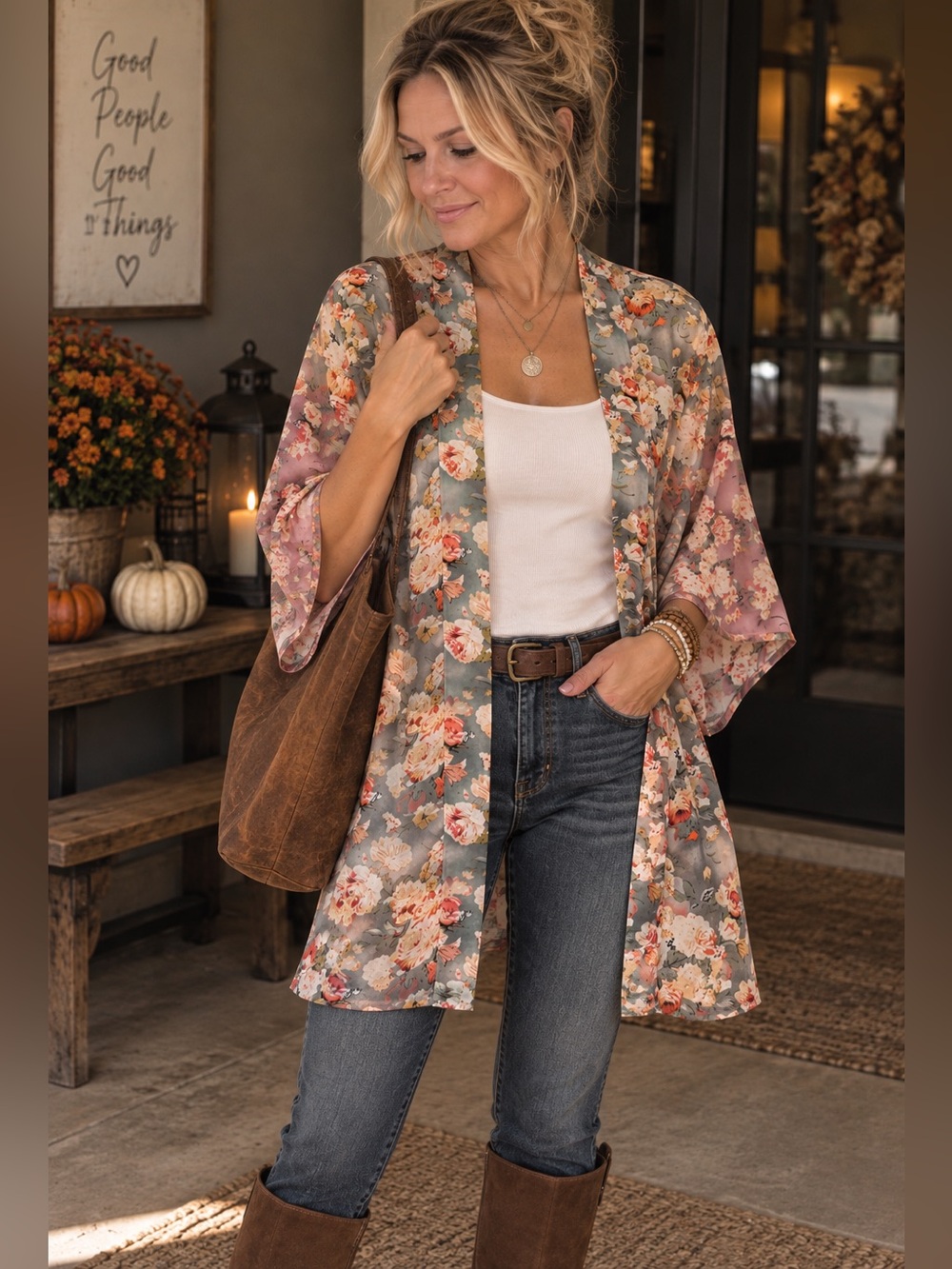 Entro Floral Sheer Open-Front Kimono Romantic Boho Botanical Sz Large